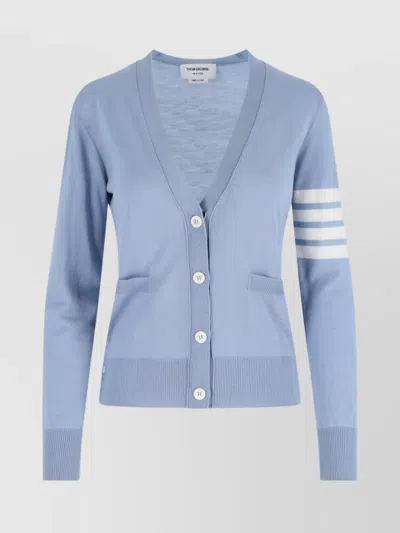 Thom Browne Knitwear With V-neckline And Striped Sleeves In Blue