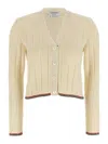 Thom Browne Ribbed Knit Cardigan With Cropped Silhouette And Iconic Stripe Accents In Neutral
