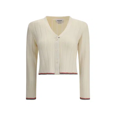 Thom Browne Ladder Full Needle Rib Stitch V Neck Car In Gray