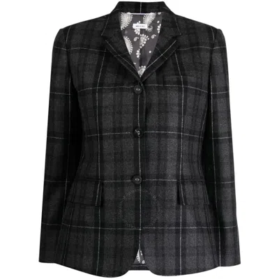 Thom Browne Ladies Charcoal Checked Single-breasted Blazer In Grey