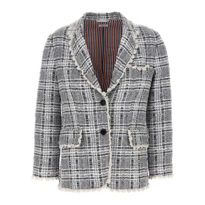 Thom Browne Ladies Med Grey Prince Of Wales Chenille Tweed Wave Classic Sport Coat