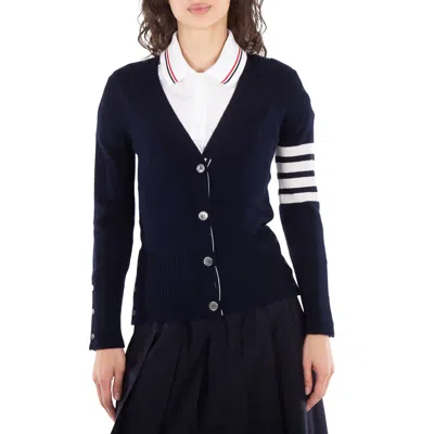 Thom Browne Ladies Navy Cashmere 4-bar Classic V-neck Cardigan In Black