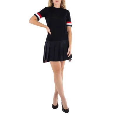 Thom Browne Ladies Navy Rwb Cuff Fine Merino Tee In Blue