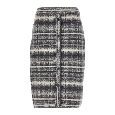 Thom Browne Ladies Pale Grey Tartan Boucle Straight Skirt