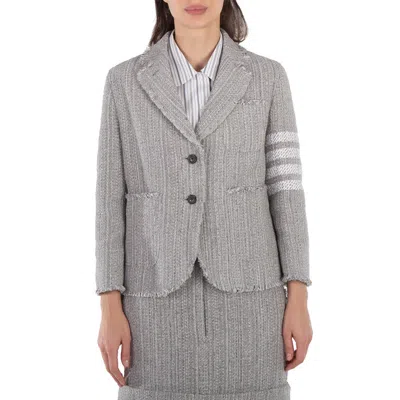 Thom Browne Ladies Tweed Fray 4-bar Cropped Sack Jacket In Gray
