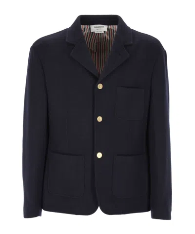 Thom Browne Lapel Long-sleeved Casual Jacket In Black