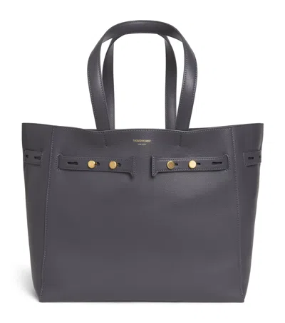 Thom Browne Leather Cabas Tote Bag In Grey
