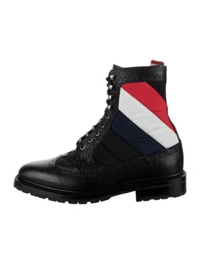 Pre-owned Thom Browne Leather Colorblock Pattern Lace-up Boots In Black