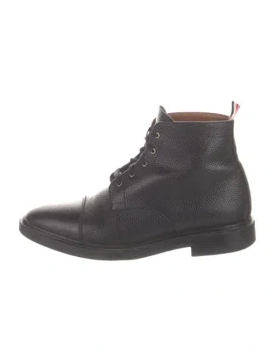 Pre-owned Thom Browne Leather Grosgrain Trim Lace-up Boots In Black