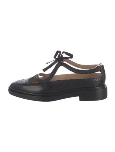 Pre-owned Thom Browne Leather Lasercut Accents Mary Jane Flats In Black