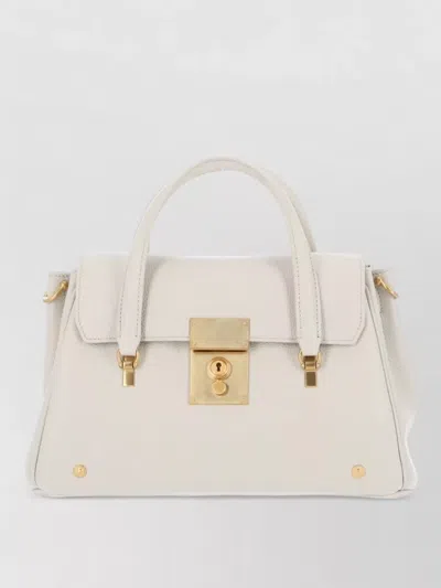 Thom Browne Small Bolton Grained Leather Tote Bag In White
