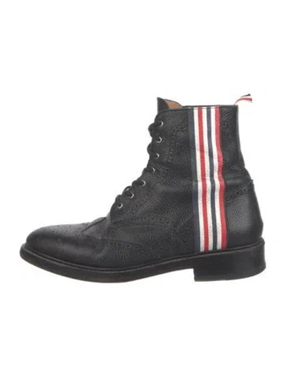Pre-owned Thom Browne Leather Striped Lace-up Boots In Black
