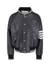 Thom Browne Leather Varsity Bomber Jacket In Black