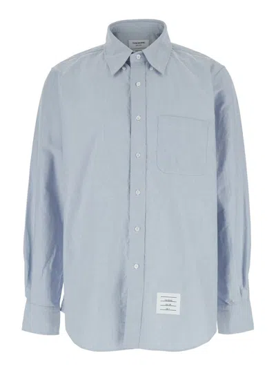 THOM BROWNE LIGHT BLUE SHIRT WITH BUTTON-DOWN COLLAR AND STRIPED RWB DETAIL ON THE REAR IN COTTON MAN