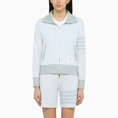 THOM BROWNE LIGHT BLUE STRIPED ZIPPED COTTON CARDIGAN FOR WOMEN