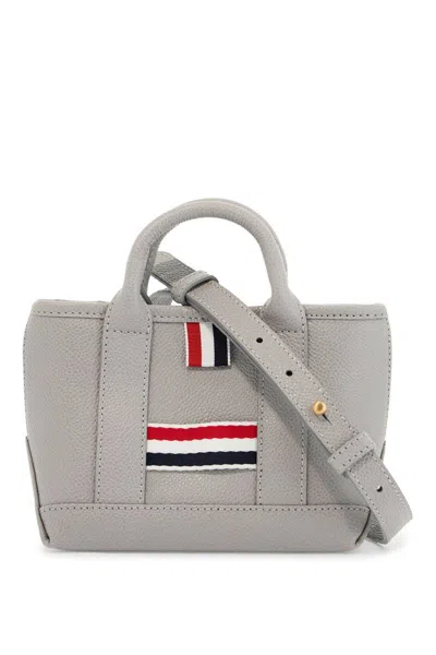 Thom Browne Light Gray Leather Micro Tool Tote Bag With Tricolor Stripes In Grey