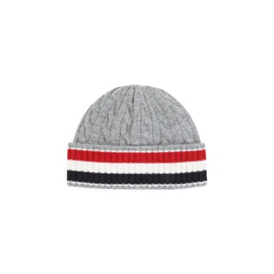 Thom Browne Cable-knit Striped Beanie Hat In Gray