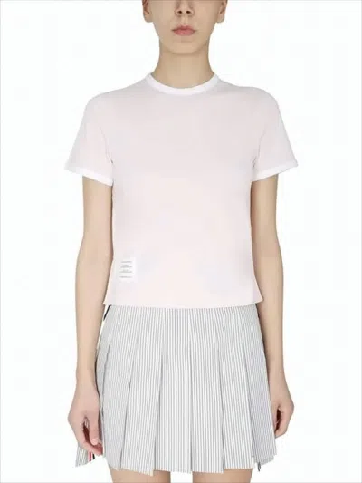 Thom Browne Light Pink Short-sleeved T-shirt With Trim And Striped Accents In White