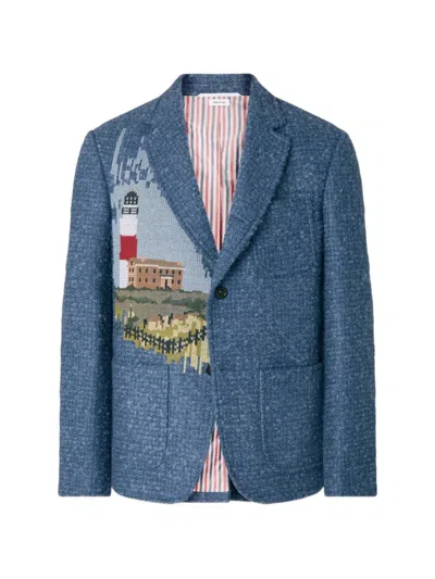 Thom Browne Lighthouse-embroidery Dinner Jacket In Blue