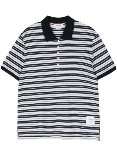Thom Browne Logo-patch Striped Polo Shirt In Blue