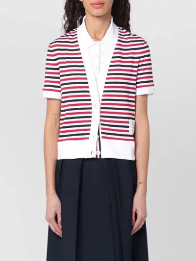 THOM BROWNE LINEN STRIPED CARDIGAN SHORT SLEEVES