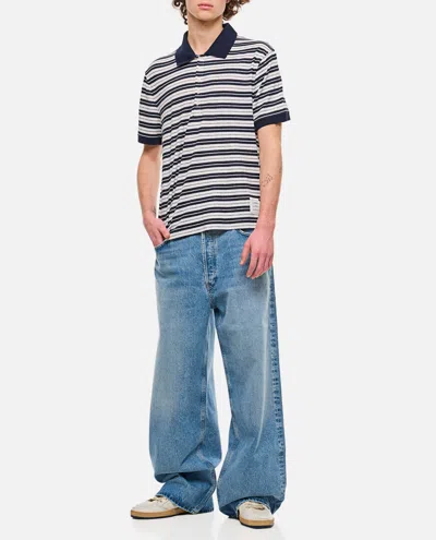 Thom Browne Linen Striped Polo In Blue