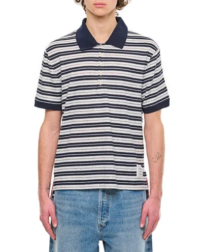 Thom Browne Linen Striped Polo In Blue