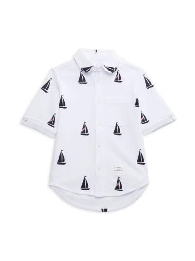 Thom Browne Kids' Graphic-print Pique Shirt In White