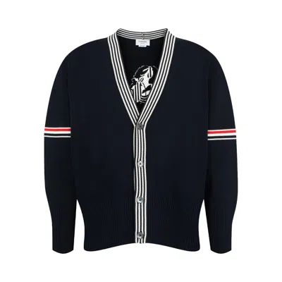 Pre-owned Thom Browne Lobster Jersey Stitch V Neck Cardigan In Cotton With Rwb Stripe 'navy' | Blue | Men's Si