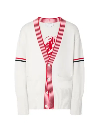 Thom Browne Lobster-intarsia Rwb-stripe Cardigan In White