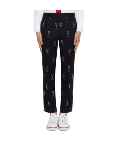 Thom Browne Embroidered Cotton-twill Chinos In Navy