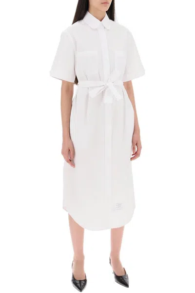 Thom Browne Logo Patch Midi Shirt Dress In White