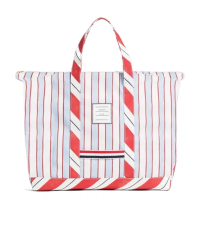Thom Browne Logo Patch Striped Tote Bag In White