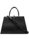 Thom Browne Logo Print Grained Leather Tote In Black