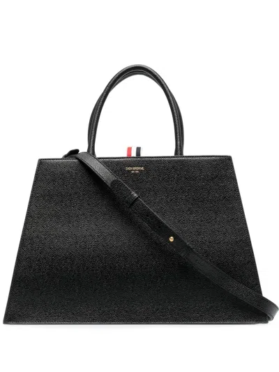Thom Browne Logo Print Grained Leather Tote In Black