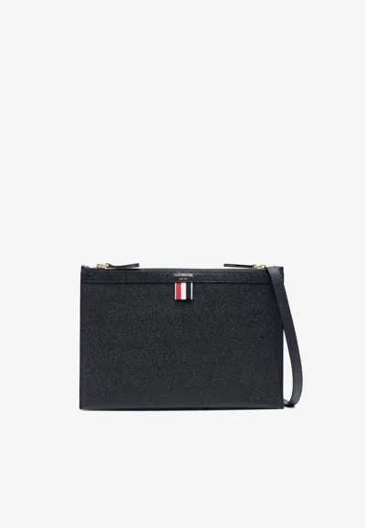 Thom Browne Logo Print Pebbled Leather Crossbody Bag In Blue