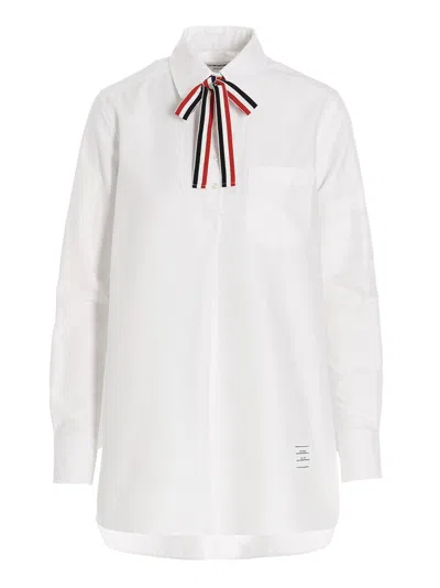 Thom Browne Logo Pussy Bow Blouse In White