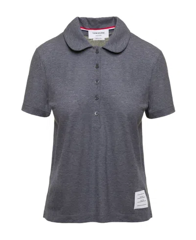 Thom Browne Logo Tag Cotton Polo Shirt In Gray