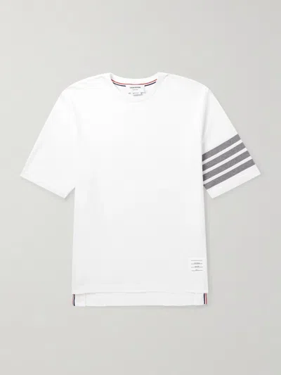 Thom Browne Cotton Crew Neck T-shirt With Striped Detail In Neutral