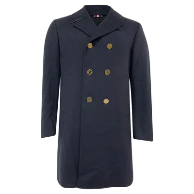Thom Browne Long Classic Peacoat In Navy Blue Wool