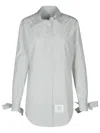 Thom Browne Silk Blend Long Shirt With Striped Pattern In 灰色的