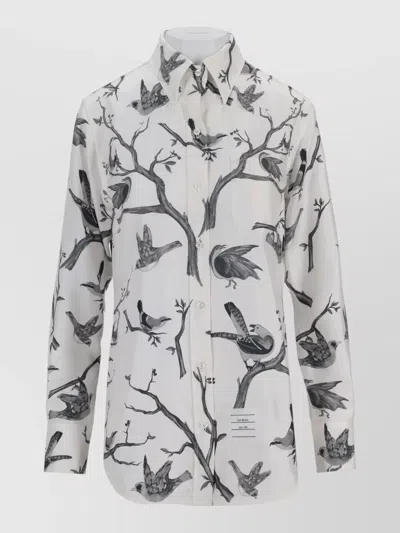 Thom Browne Long Sleeve Bird Print Point Collar Shirt In Multi