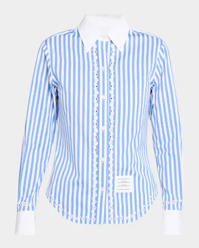 Thom Browne Long-sleeve Broderie Anglaise Shirt In Awning Stripe In Blue