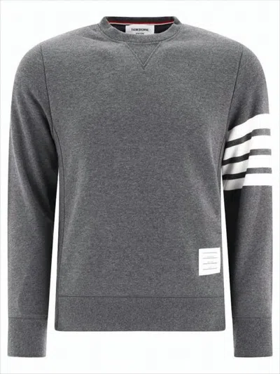 Thom Browne Long-sleeve Grey Cotton T-shirt With Signature Stripes In Gray