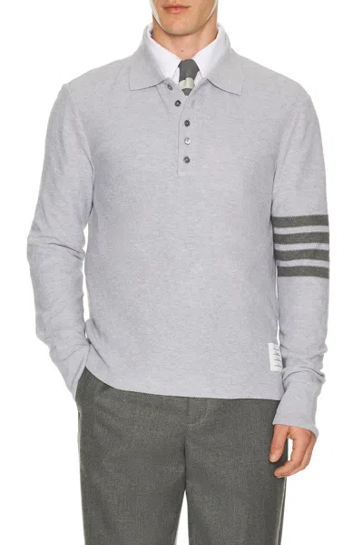 Thom Browne Long Sleeve Pique Polo In Gray