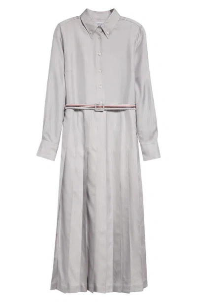 Thom Browne Long Sleeve Pleated Silk Midi Shirtdress In Light Grey