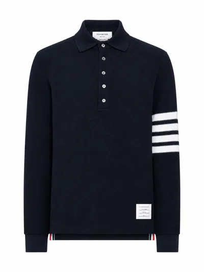 Thom Browne Long Sleeve Polo In Textured Pique W/ Eng 4 Bar In Blue