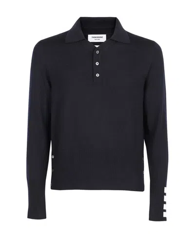 Thom Browne Long Sleeve Polo W/ 4bar Cuff In Fine Merino Wool In Black
