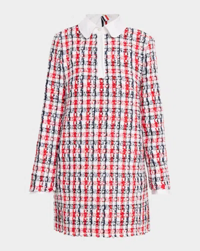 Thom Browne Long-sleeve Tweed Mini Polo Dress In Red