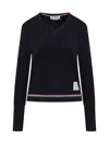 Thom Browne Cotton Pique V Neck Long Sleeve In Blue
